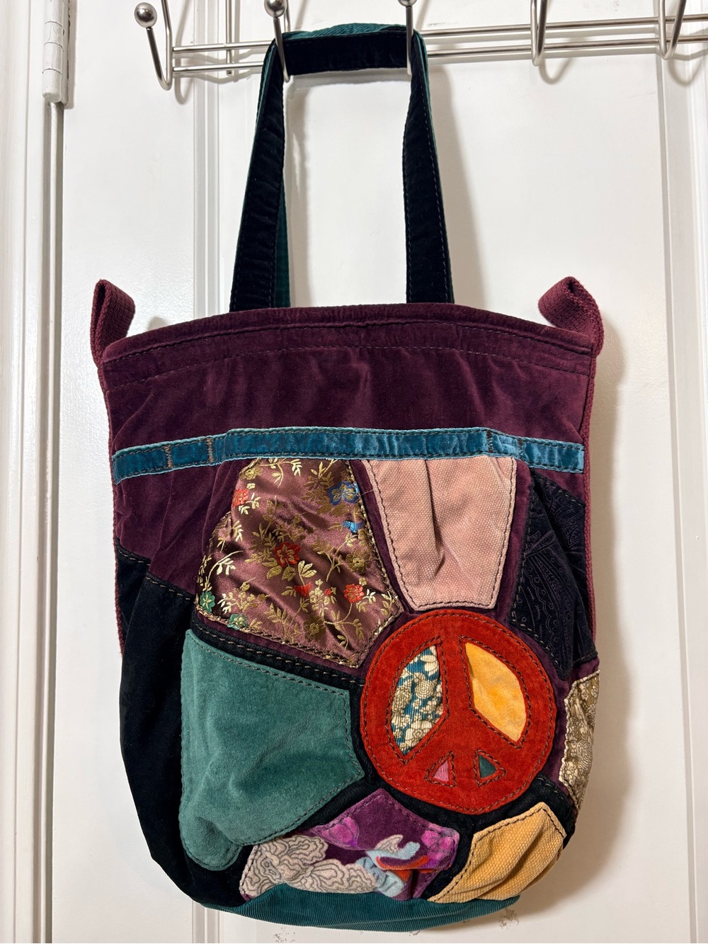 Vintage Lucky Brand Y2K Boho Bohemian Patchwork Peace Sign Tote Bag